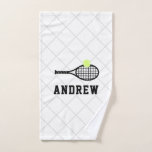 Tennis Racket Personalized Sports Hand Towel<br><div class="desc">Black and White Personalized Monogram or Custom Text Tennis Design kitchen or sports bag towel with a bold and sporty masculine monogram,  name with tennis racket and ball icon on a faded net background pattern.</div>