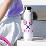 Tennis racket pink blue white yellow personalized  water bottle<br><div class="desc">Tennis two racquets and ball design in bright pink,  yellow and navy blue on a sporty water bottle,  personalize with your own name,  coach or tennis club,  currently reads Medika. Original graphic art and design by Sarah Trett for www.mylittleeden.com</div>