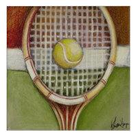 Tennis Racket with Ball Laying on Court