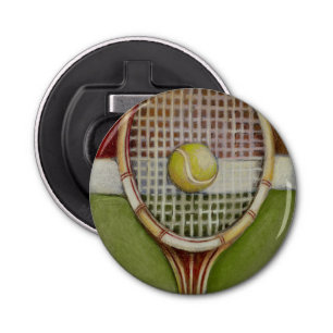 Tennis Racket with Ball Laying on Court Bottle Opener