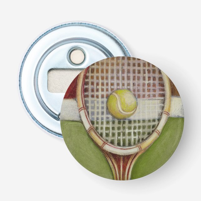 Tennis Racket with Ball Laying on Court Bottle Opener (Front)