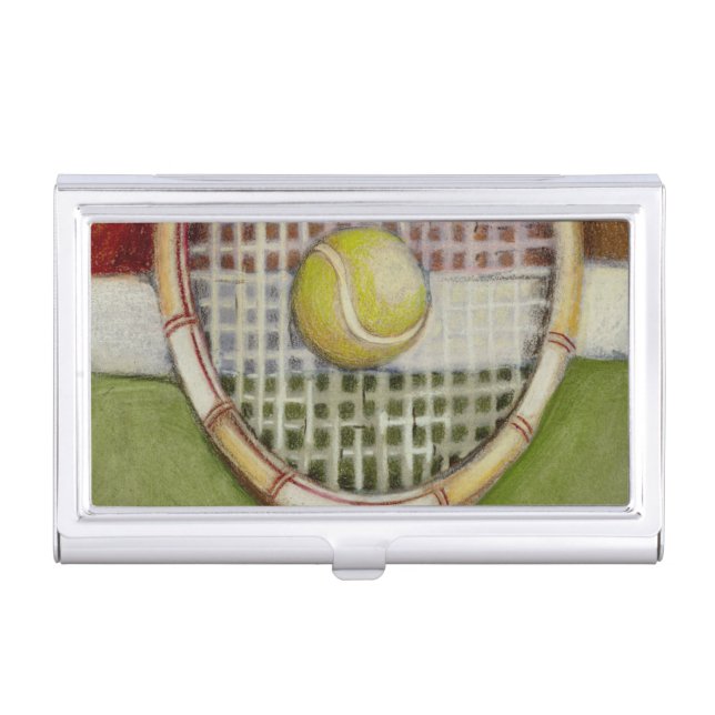 Tennis Racket with Ball Laying on Court Business Card Holder (Front)