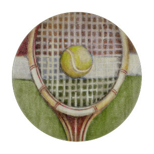 Tennis Racket with Ball Laying on Court Cutting Board