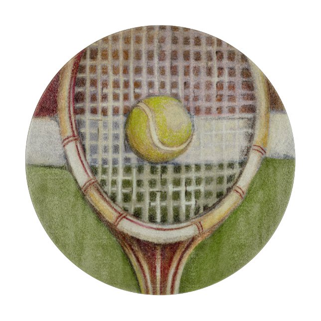 Tennis Racket with Ball Laying on Court Cutting Board (Front)