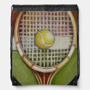 Tennis Racket with Ball Laying on Court Drawstring Bag