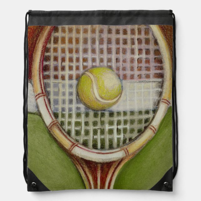Tennis Racket with Ball Laying on Court Drawstring Bag (Front)