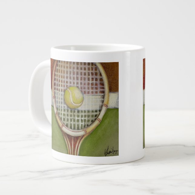 Tennis Racket with Ball Laying on Court Giant Coffee Mug (Front Left)