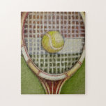 Tennis Racket with Ball Laying on Court Jigsaw Puzzle<br><div class="desc">Enjoy a little tennis with this scene painted by Ethan Harper. A well stitched racket with a ball sitting on the middle,  you just want to pick it up,  head to your local court and play a game. Purchase your copy of this print today!</div>