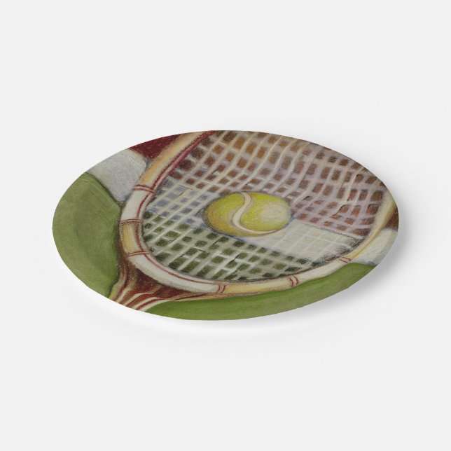 Tennis Racket with Ball Laying on Court Paper Plates (Angled)