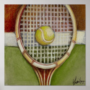 Tennis Racket with Ball Laying on Court Poster