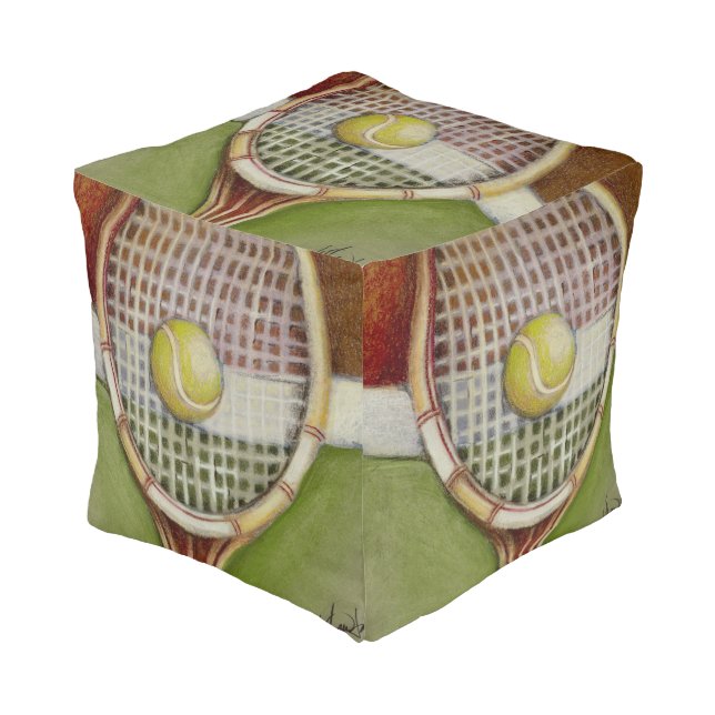 Tennis Racket with Ball Laying on Court Pouf (Angled Front)