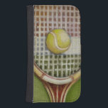 Tennis Racket with Ball Laying on Court Galaxy S4 Wallet Case<br><div class="desc">Enjoy a little tennis with this scene painted by Ethan Harper. A well stitched racket with a ball sitting on the middle,  you just want to pick it up,  head to your local court and play a game. Purchase your copy of this print today!</div>