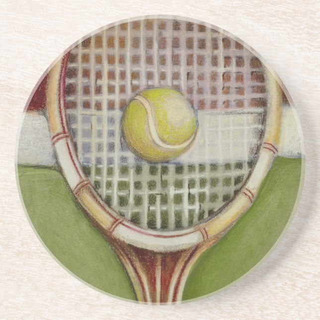 Tennis Racket with Ball Laying on Court Sandstone Coaster (Front)