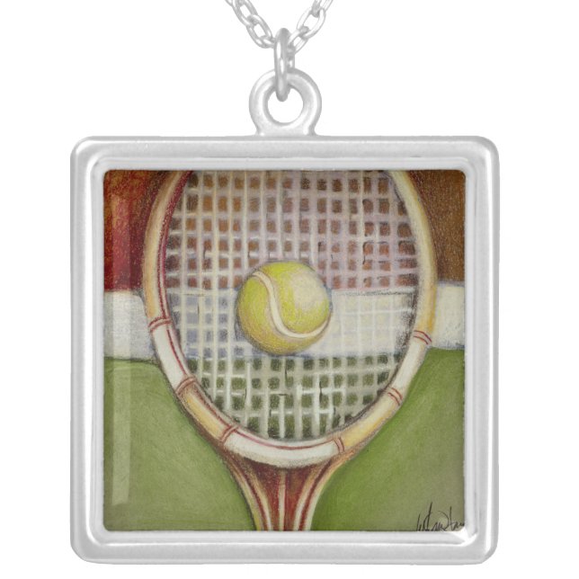 Tennis Racket with Ball Laying on Court Silver Plated Necklace (Front)