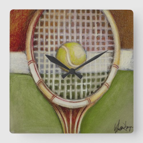 Tennis Racket with Ball Laying on Court Square Wall Clock