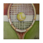 Tennis Racket with Ball Laying on Court Tile<br><div class="desc">Enjoy a little tennis with this scene painted by Ethan Harper. A well stitched racket with a ball sitting on the middle,  you just want to pick it up,  head to your local court and play a game. Purchase your copy of this print today!</div>