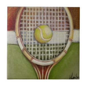 Tennis Racket with Ball Laying on Court Tile
