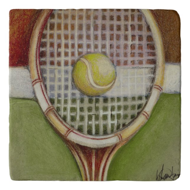 Tennis Racket with Ball Laying on Court Trivet (Front)