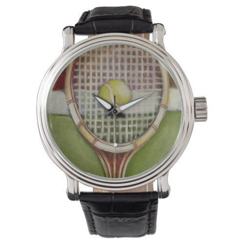 Tennis Racket with Ball Laying on Court Watch