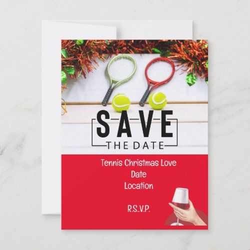 Tennis racket with Christmas Save the Date Party Invitation