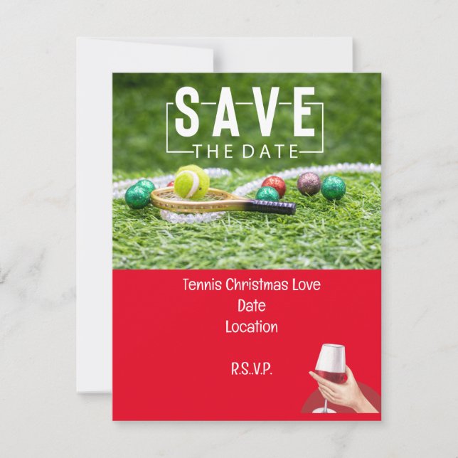 Tennis racket with Christmas Save the Date Party Invitation (Front)