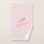 Tennis Racket Womens Sport Hand Towel<br><div class="desc">Coral pink personalized tennis design kitchen towel with a monogram,  name,  or custom text features a simple elegant feminine calligraphy font with a tennis racket and tennis ball icon and court net background pattern.</div>