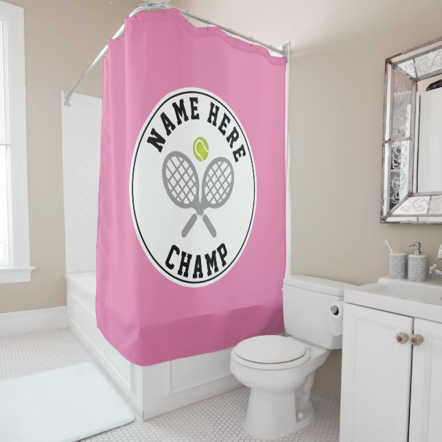 Tennis rackets and ball champ and player name pink shower curtain (In Situ)