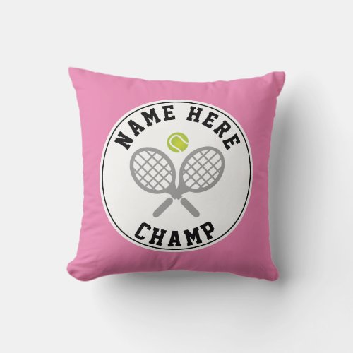 Tennis rackets and ball champ and player name pink throw pillow