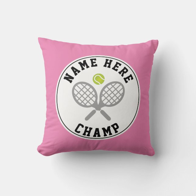 Tennis rackets and ball champ and player name pink throw pillow (Front)