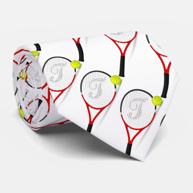 Tennis rackets and ball for sportly mans on white neck tie (Rolled)