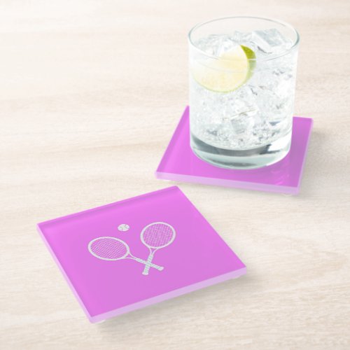 Tennis Rackets and Ball Party Pink  Glass Coaster