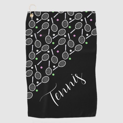 Tennis Rackets and Balls Black Personalized   Golf Towel
