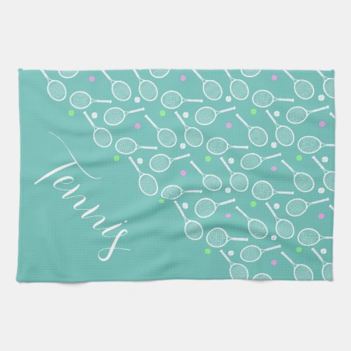 Tennis Rackets and Balls Dusty Green  Kitchen Towel