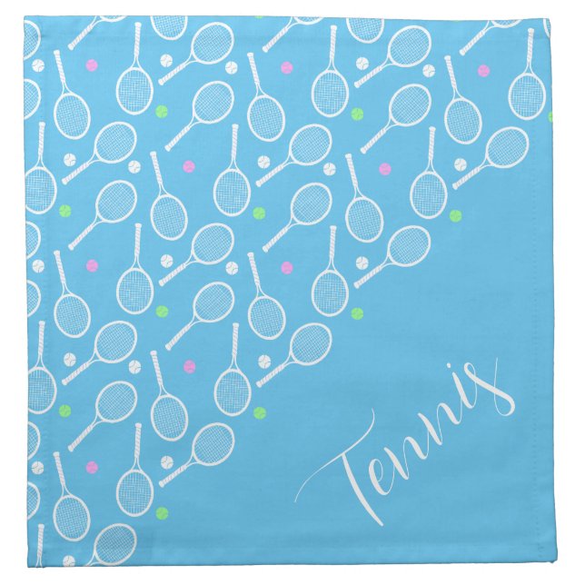 Tennis Rackets and Balls Light Blue Cloth Napkin (Front)