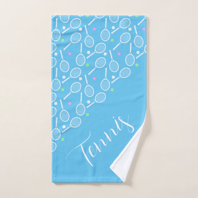 Tennis Rackets and Balls Pastel Sky Blue Bath Towel Set (Hand Towel)