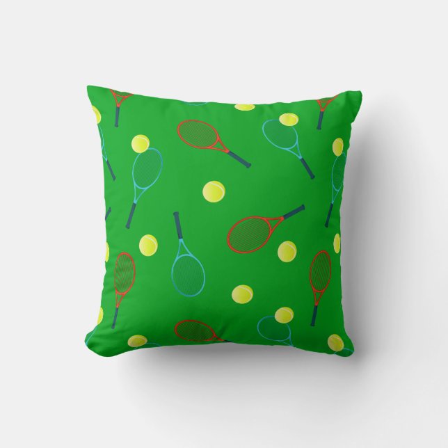 Tennis Rackets and Balls Pattern on Green Throw Pillow (Front)