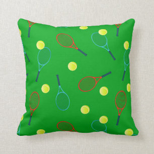 Tennis Rackets and Balls Pattern on Green Throw Pillow