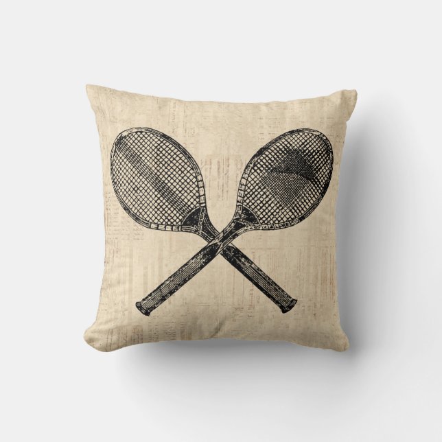 Tennis Rackets Antique Tennis Racquet Script Paper Throw Pillow (Front)