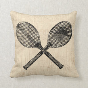 Tennis Rackets Antique Tennis Racquet Script Paper Throw Pillow
