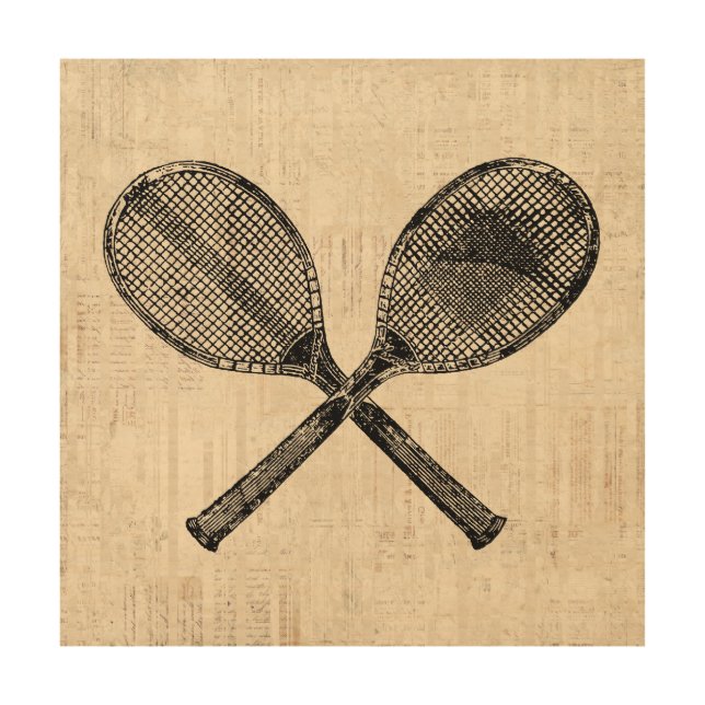 Tennis Rackets Antique Tennis Racquet Script Paper Wood Wall Art (Front)