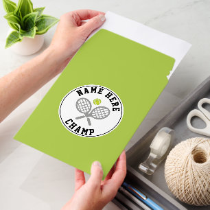 Tennis rackets, ball champ and player name green envelope mailers