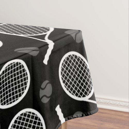 Tennis Rackets Balls Black White Athletic Pattern  Tablecloth