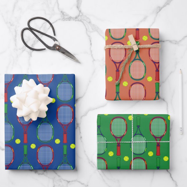 Tennis Rackets & Balls Pattern Wrapping Paper Sheets (Front)