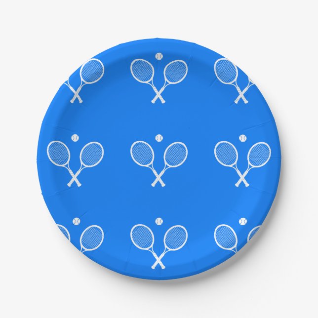 Tennis Rackets Blue Background   Paper Plates (Front)