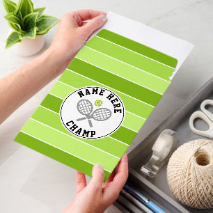 Tennis rackets champ and player name green stripes envelope mailers