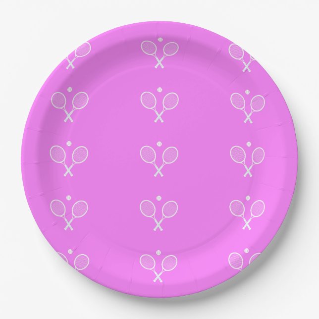 Tennis Rackets Deep Pink Background   Paper Plates (Front)