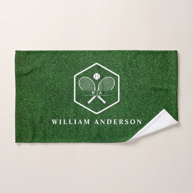 Tennis Rackets Monogram & Name Green Grass Court Hand Towel (Hand Towel)