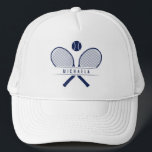 Tennis Rackets & Name Tennis Player Trucker Hat<br><div class="desc">Tennis player's trucker hat, specially designed for tennis enthusiasts who love to hit the court in style. Featuring vintage style tennis rackets crossed in classic fashion with a tennis ball, this hat captures the essence of the game's timeless appeal. Personalize your hat with your name, adding a touch of individuality...</div>