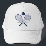 Tennis Rackets & Name Tennis Player Trucker Hat<br><div class="desc">Tennis player's trucker hat, specially designed for tennis enthusiasts who love to hit the court in style. Featuring vintage style tennis rackets crossed in classic fashion with a tennis ball, this hat captures the essence of the game's timeless appeal. Personalize your hat with your name, adding a touch of individuality...</div>