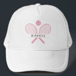Tennis Rackets & Name Tennis Player Trucker Hat<br><div class="desc">Tennis player's trucker hat, specially designed for tennis enthusiasts who love to hit the court in style. Featuring vintage style tennis rackets crossed in classic fashion with a tennis ball, this hat captures the essence of the game's timeless appeal. Personalize your hat with your name, adding a touch of individuality...</div>
